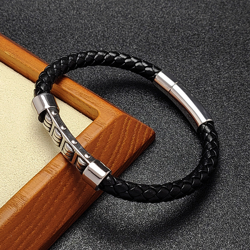 Unisex Leather Bracelet Stainless Steel Abacus Bead Jewelry