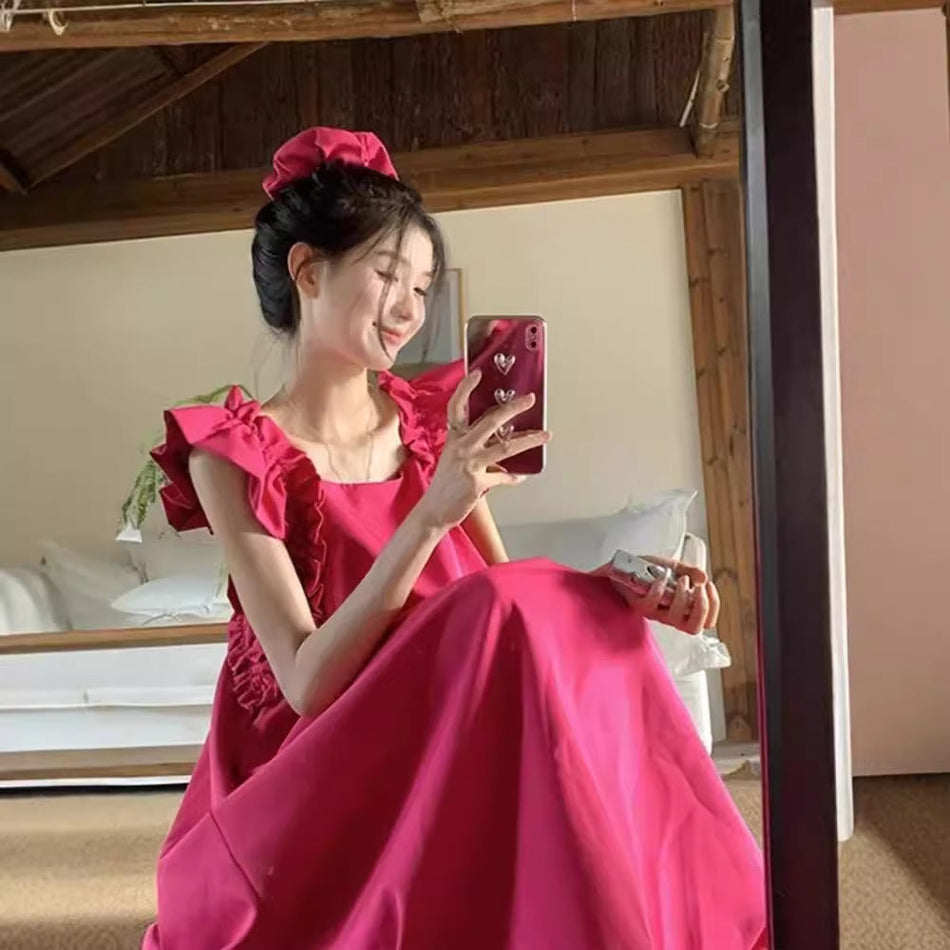 Elegant Square Neck A-Line Midi Dress with Flutter Sleeves