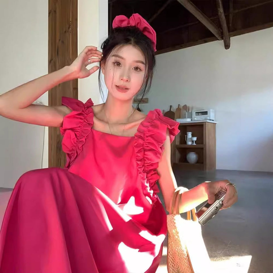 Elegant Square Neck A-Line Midi Dress with Flutter Sleeves