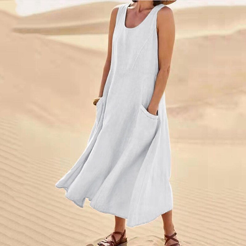 Cotton Linen Sleeveless A-Line Maxi Dress with Pockets