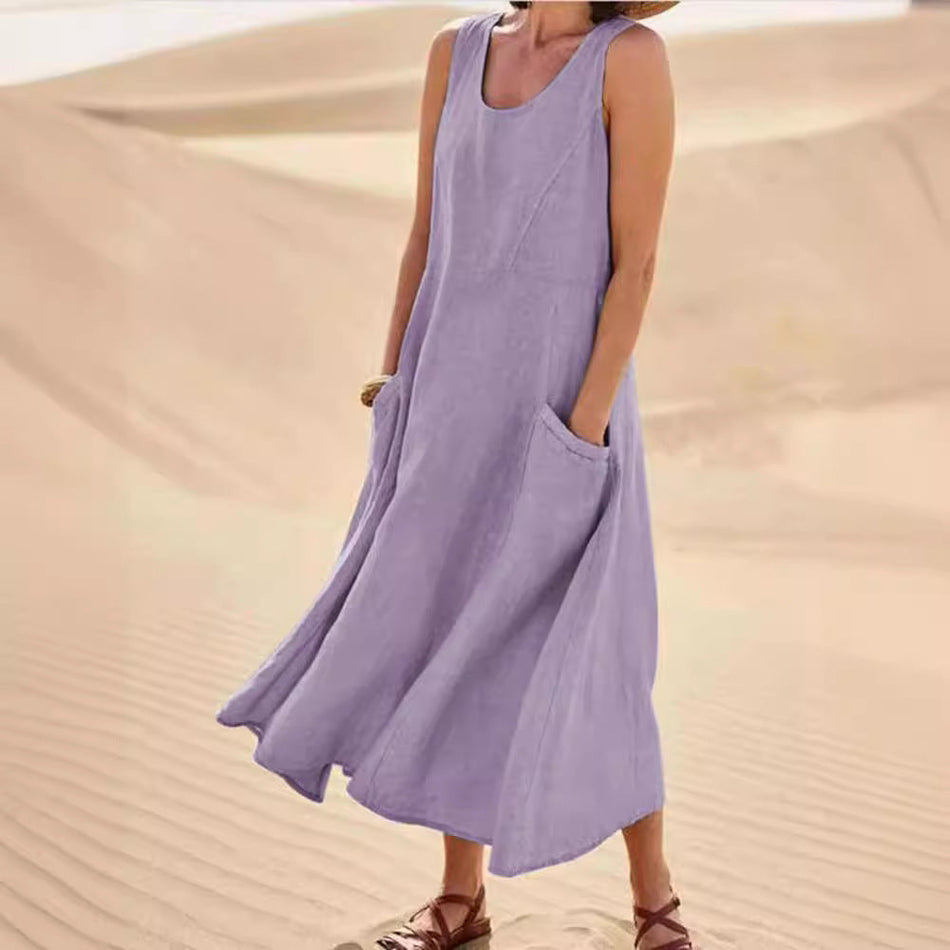 Cotton Linen Sleeveless A-Line Maxi Dress with Pockets
