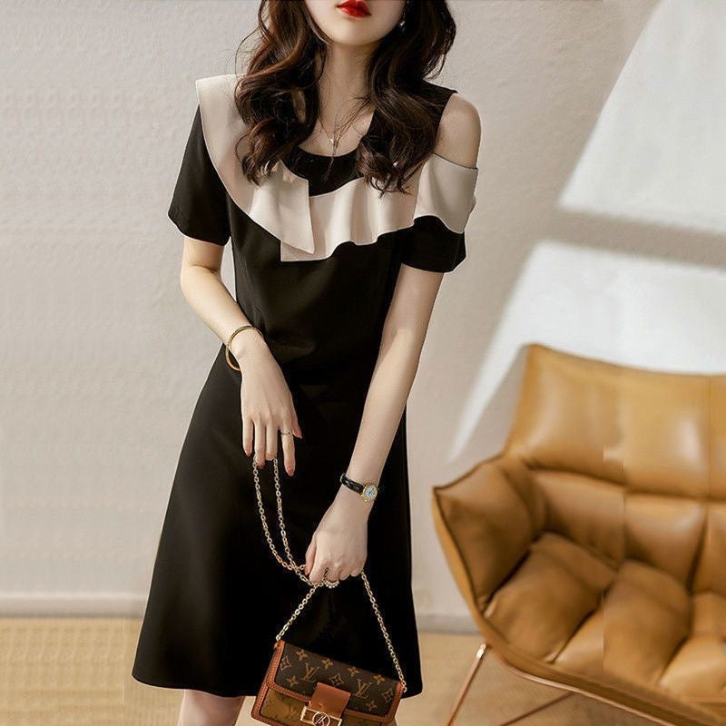 Elegant Color Block A-Line Midi Dress with Ruffle Detail