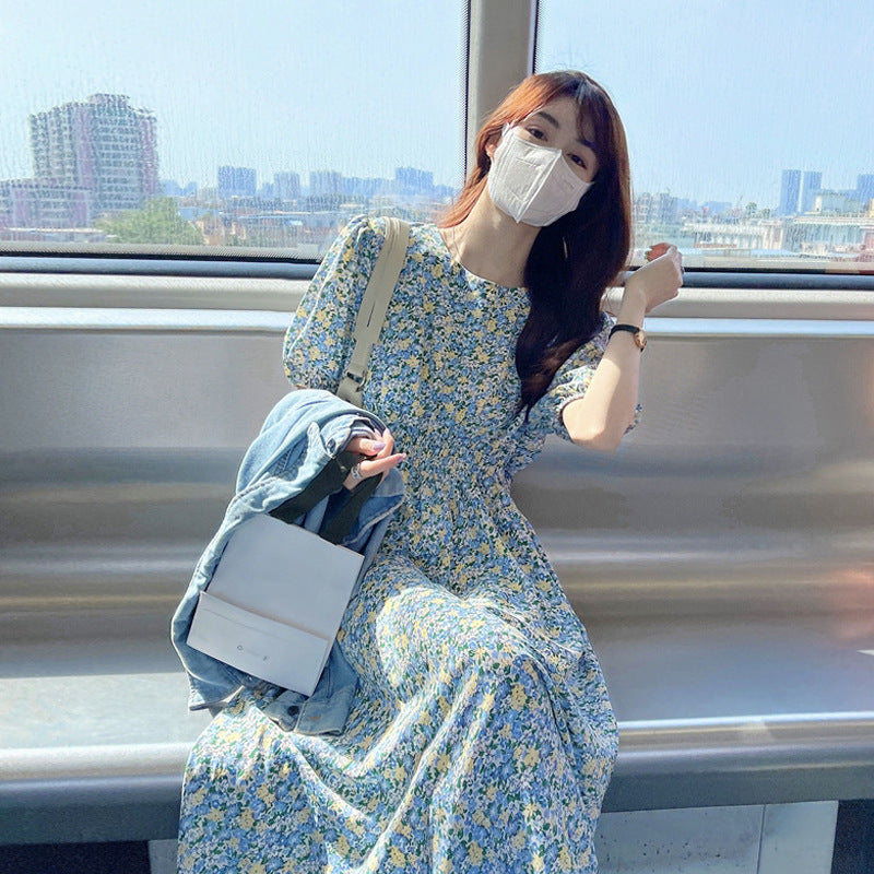 Elegant Floral Bubble Sleeve Midi Dress for Women