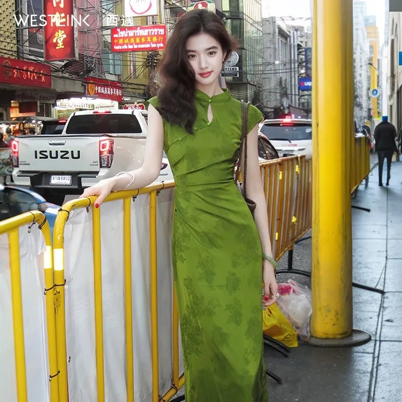 Elegant Floral Jacquard Cheongsam Midi Dress for Women