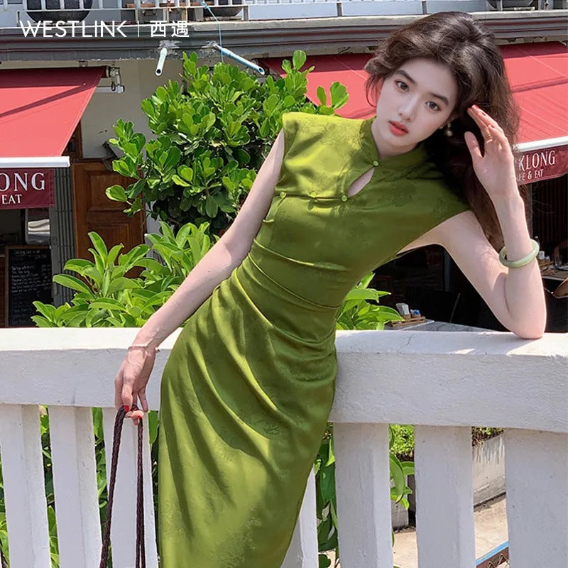 Elegant Floral Jacquard Cheongsam Midi Dress for Women