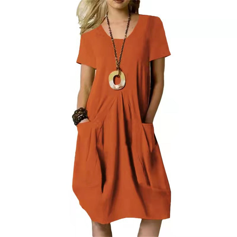 Cotton Linen Round Neck Midi Dress for Everyday Elegance