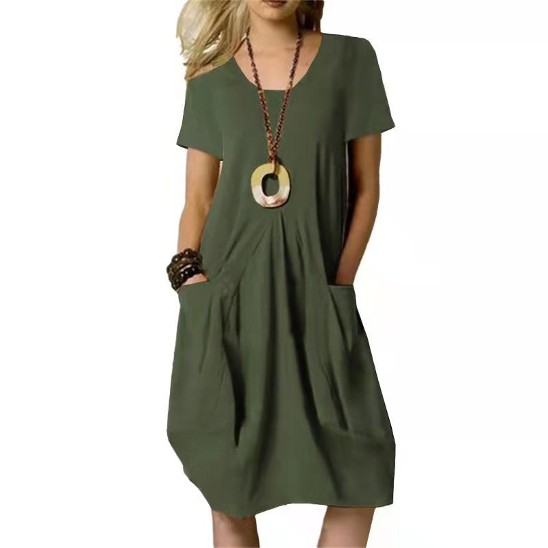 Cotton Linen Round Neck Midi Dress for Everyday Elegance