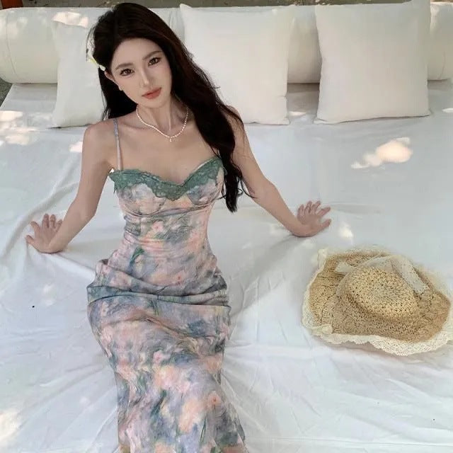 Elegant Floral Lace Strap Midi Dress for Women