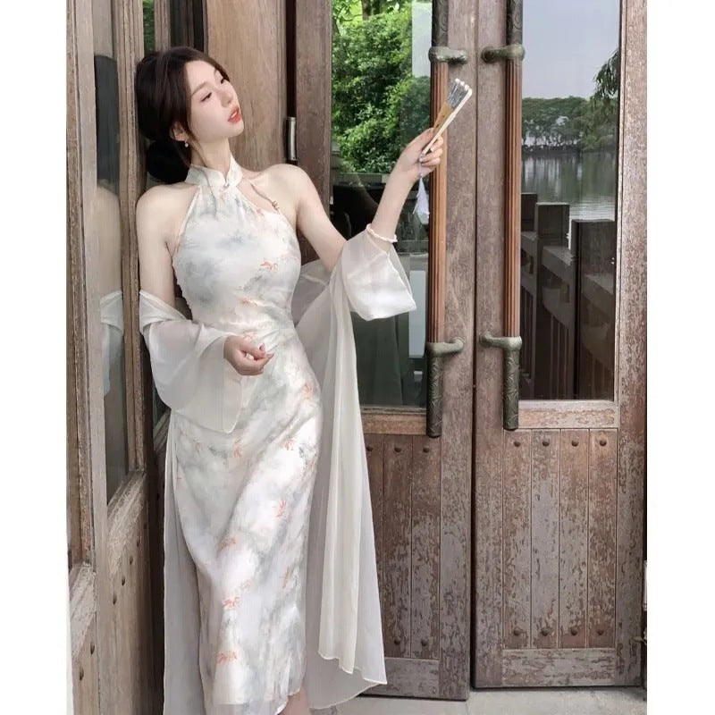 Elegant Floral Halter Midi Dress with Matching Shawl