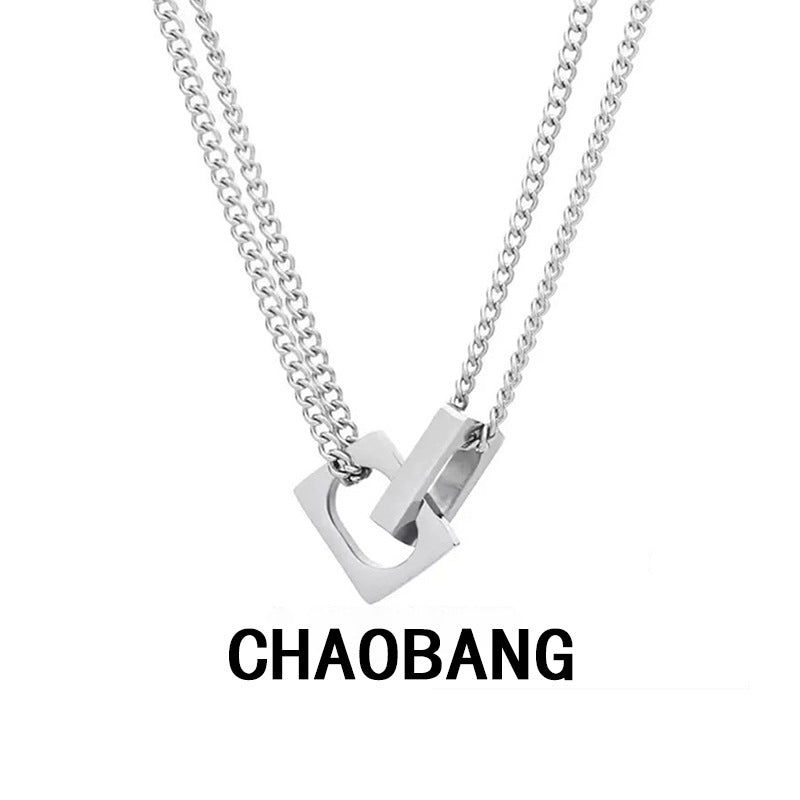 Double Layer Titanium Steel Square Buckle Necklace for Men Style