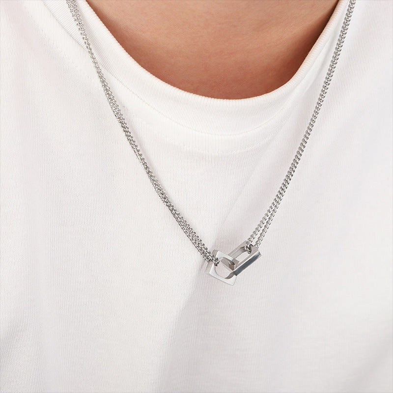 Double Layer Titanium Steel Square Buckle Necklace for Men Style