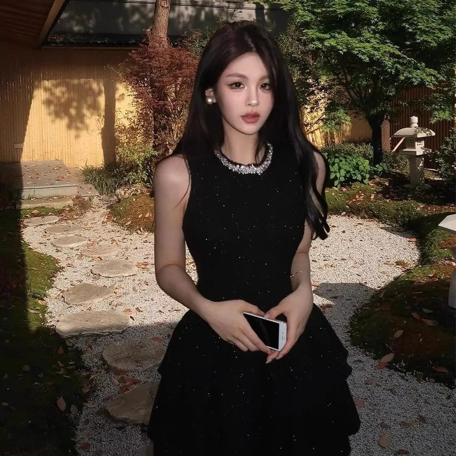 Elegant Black Mesh Midi Dress with Princess Neckline