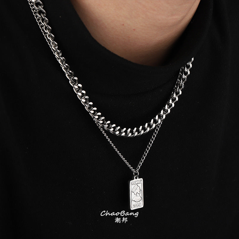 Venus Double Layer Titanium Steel Cuban Necklace for Men Style