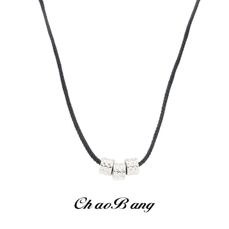 Retro Cylindrical Pendant Necklace with Handwoven Black Rope