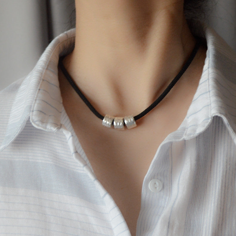 Retro Cylindrical Pendant Necklace with Handwoven Black Rope