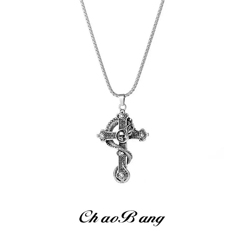 Dragon Skull Cross Titanium Steel Necklace with Retro Style