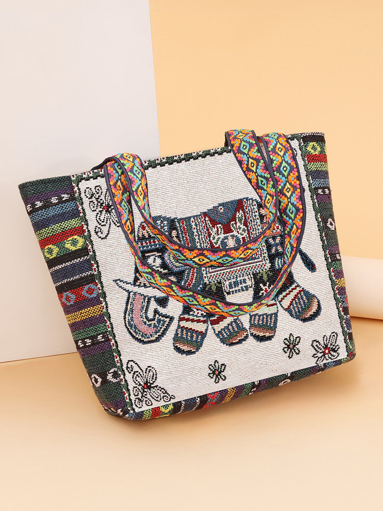 Jacquard Canvas Tote Bag for Women with Embroidered Design