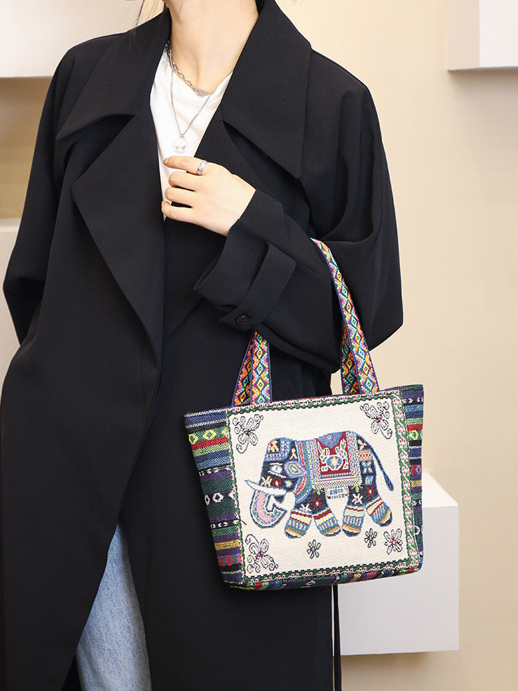 Jacquard Canvas Tote Bag for Women with Embroidered Design