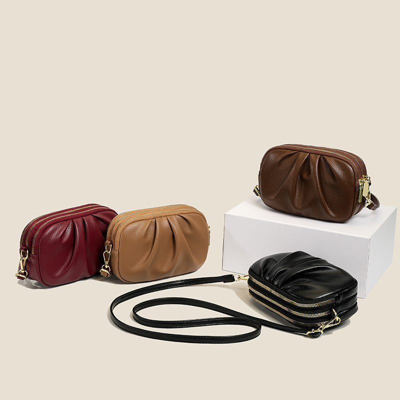 Pleated PU Leather Crossbody Bag with Triple Zip Compartments