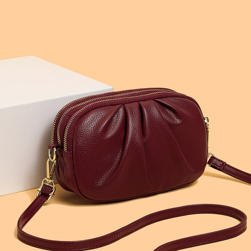 Pleated PU Leather Crossbody Bag with Triple Zip Compartments