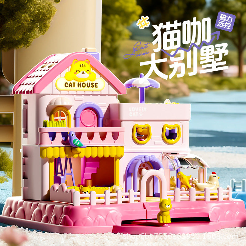 Cat-Themed Magnetic Villa Dollhouse Pretend Play Set