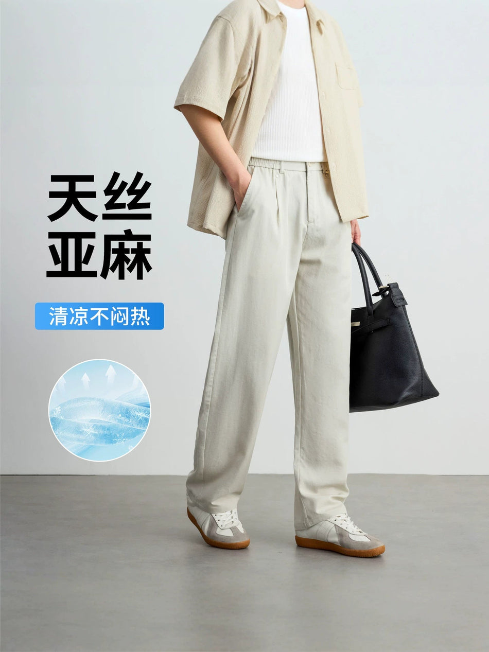 Men's Linen Khaki Casual Pants with Loose Straight Fit