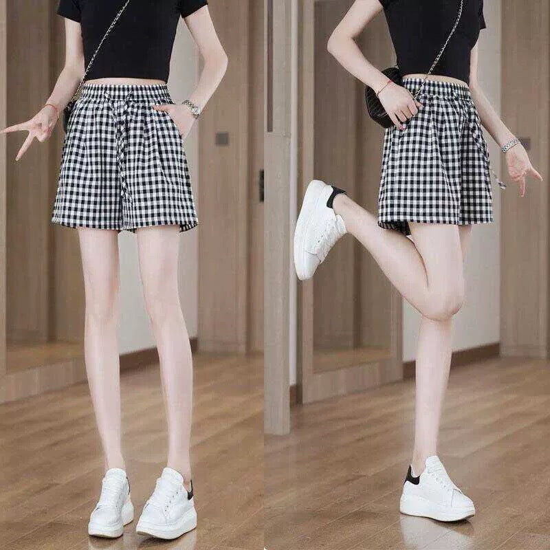 Women's High-Waist Plaid Wide-Leg Bermuda Shorts