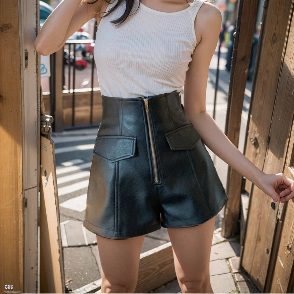 Women's High-Waist PU Leather A-Line Shorts