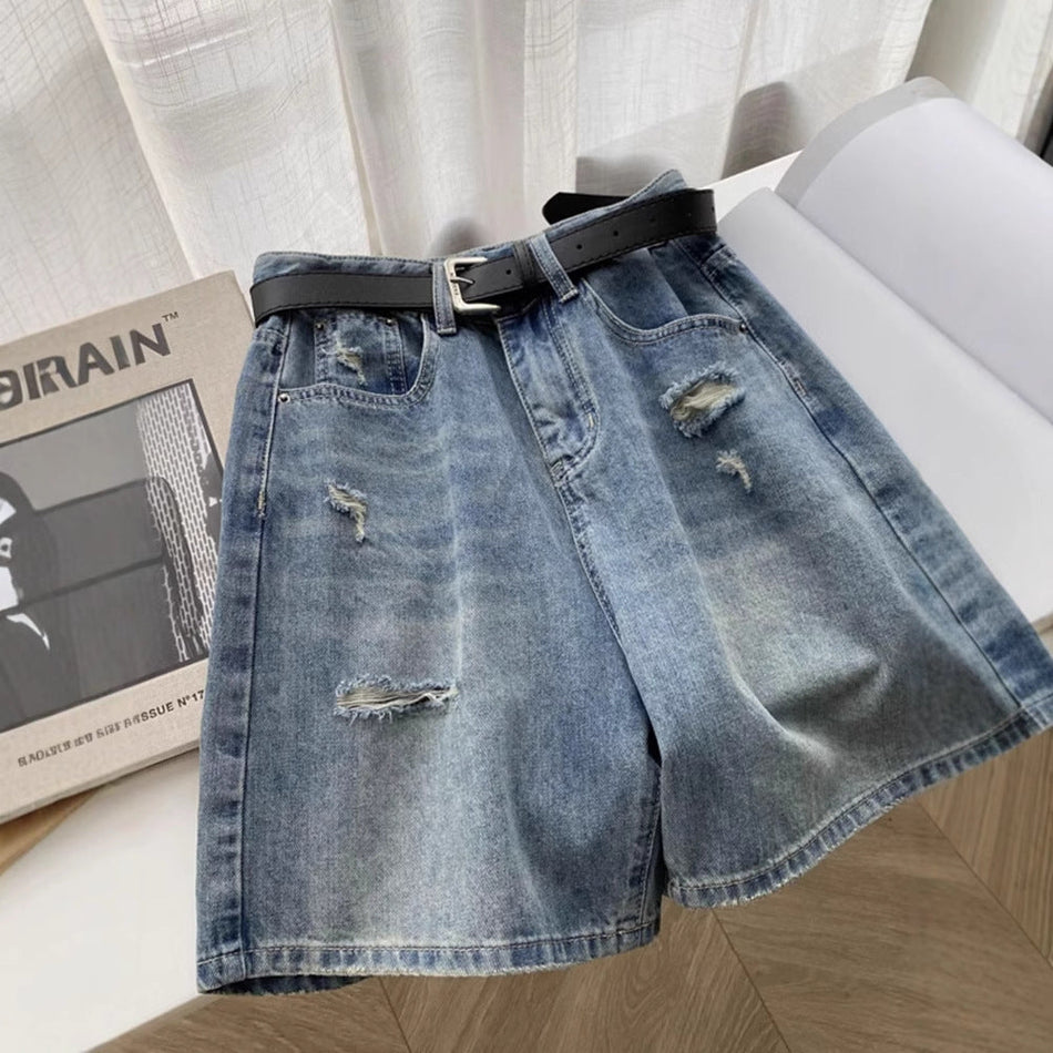 Women's High-Waist Ripped Denim Bermuda Shorts
