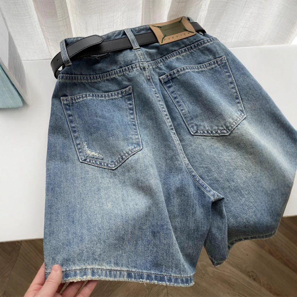 Women's High-Waist Ripped Denim Bermuda Shorts