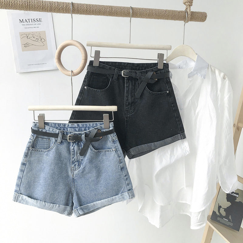 Women's High-Waist Rolled Hem Wide-Leg Denim Shorts