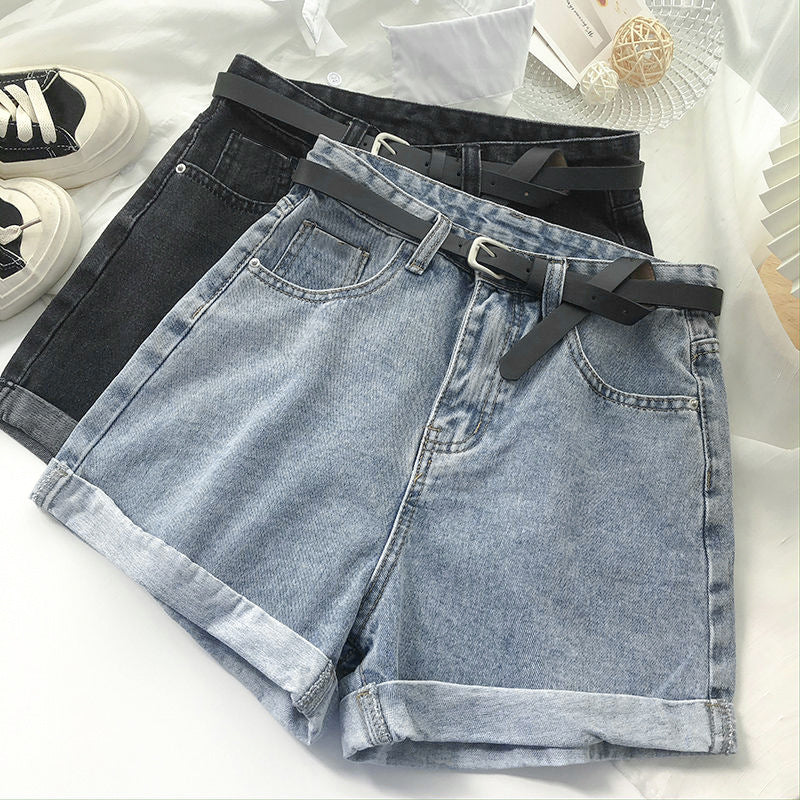 Women's High-Waist Rolled Hem Wide-Leg Denim Shorts