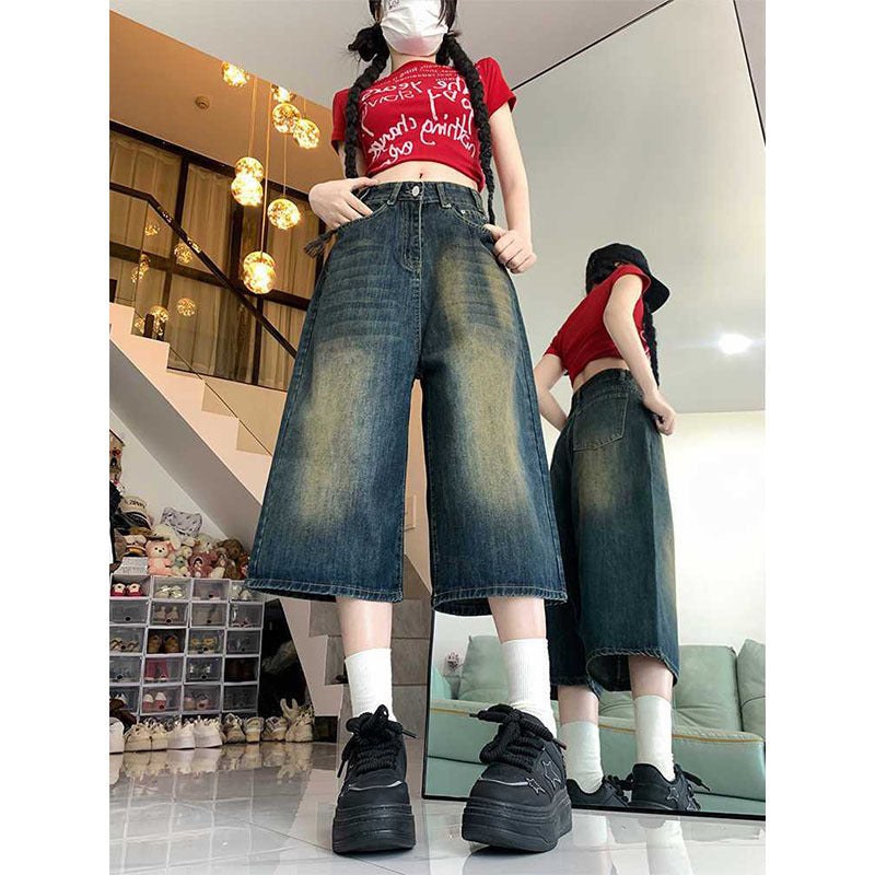 Women's High-Waist Vintage Wide-Leg Denim Capri Shorts