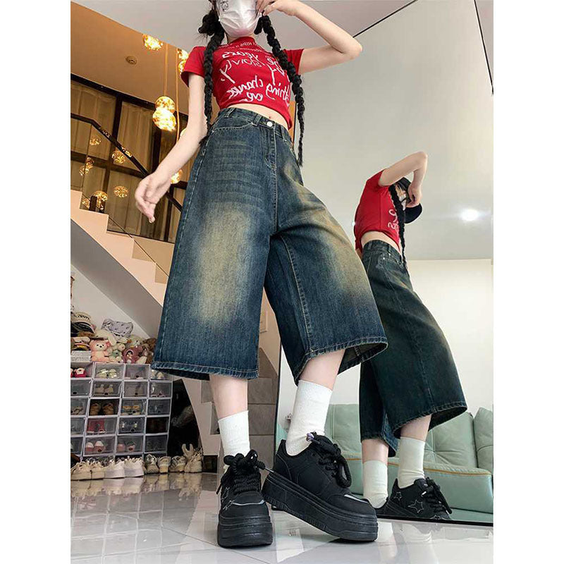 Women's High-Waist Vintage Wide-Leg Denim Capri Shorts