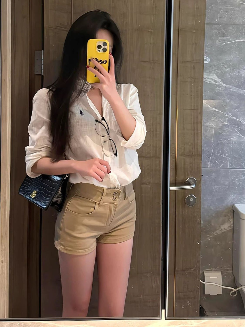Women's High-Waist Khaki Denim Straight Shorts