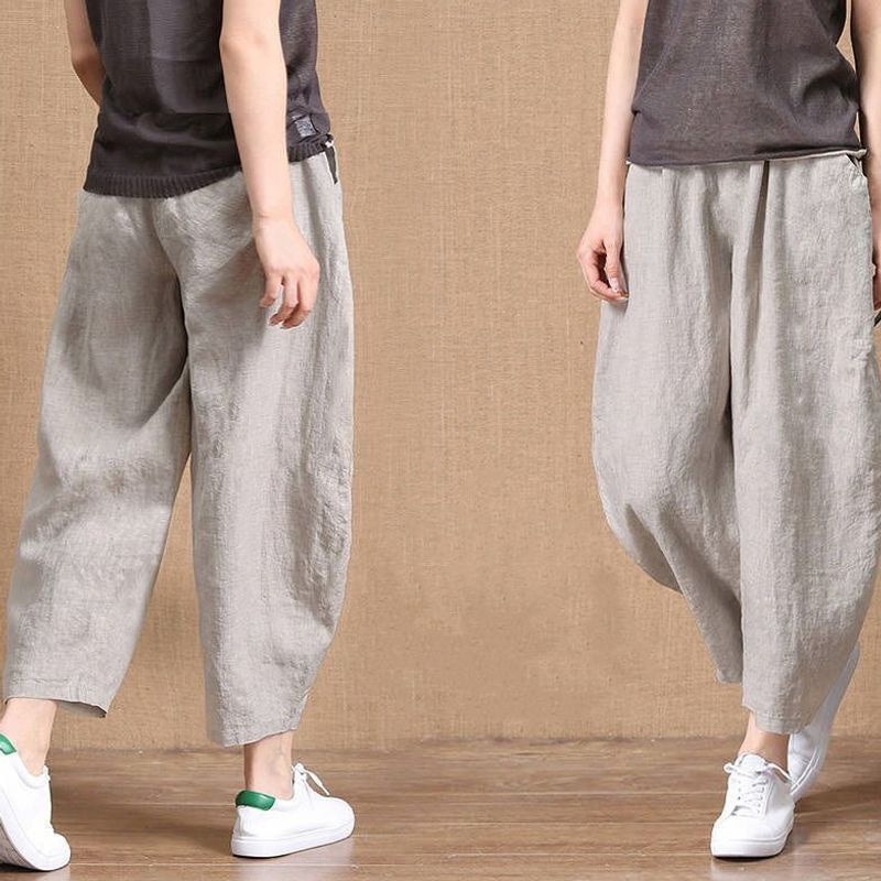 Cotton Linen Wide Leg Cropped Pants for Women