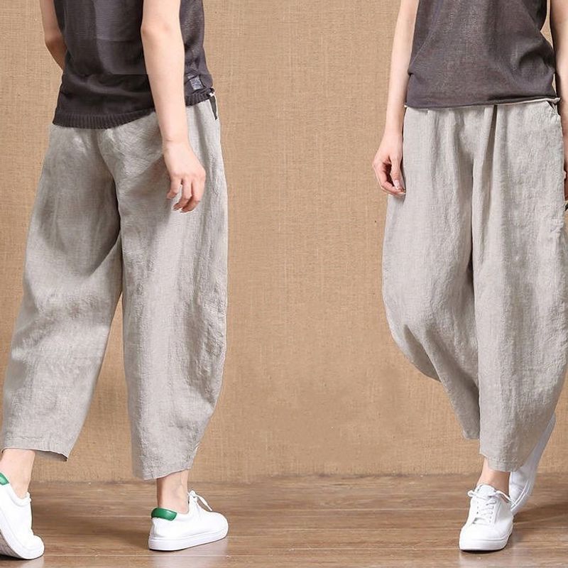 Cotton Linen Wide Leg Cropped Pants for Women