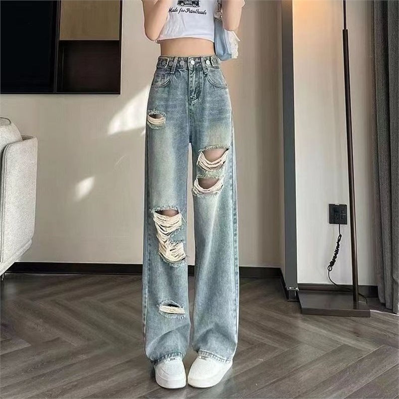 Women's High-Waist Ripped Wide-Leg Straight Jeans