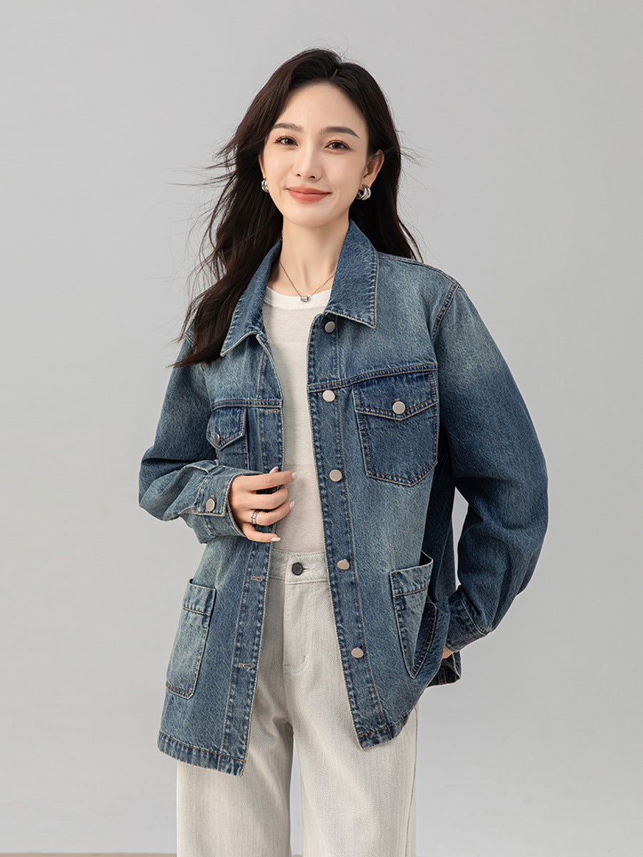 Women's Mid Length Denim Jacket with Utility Pocket Design
