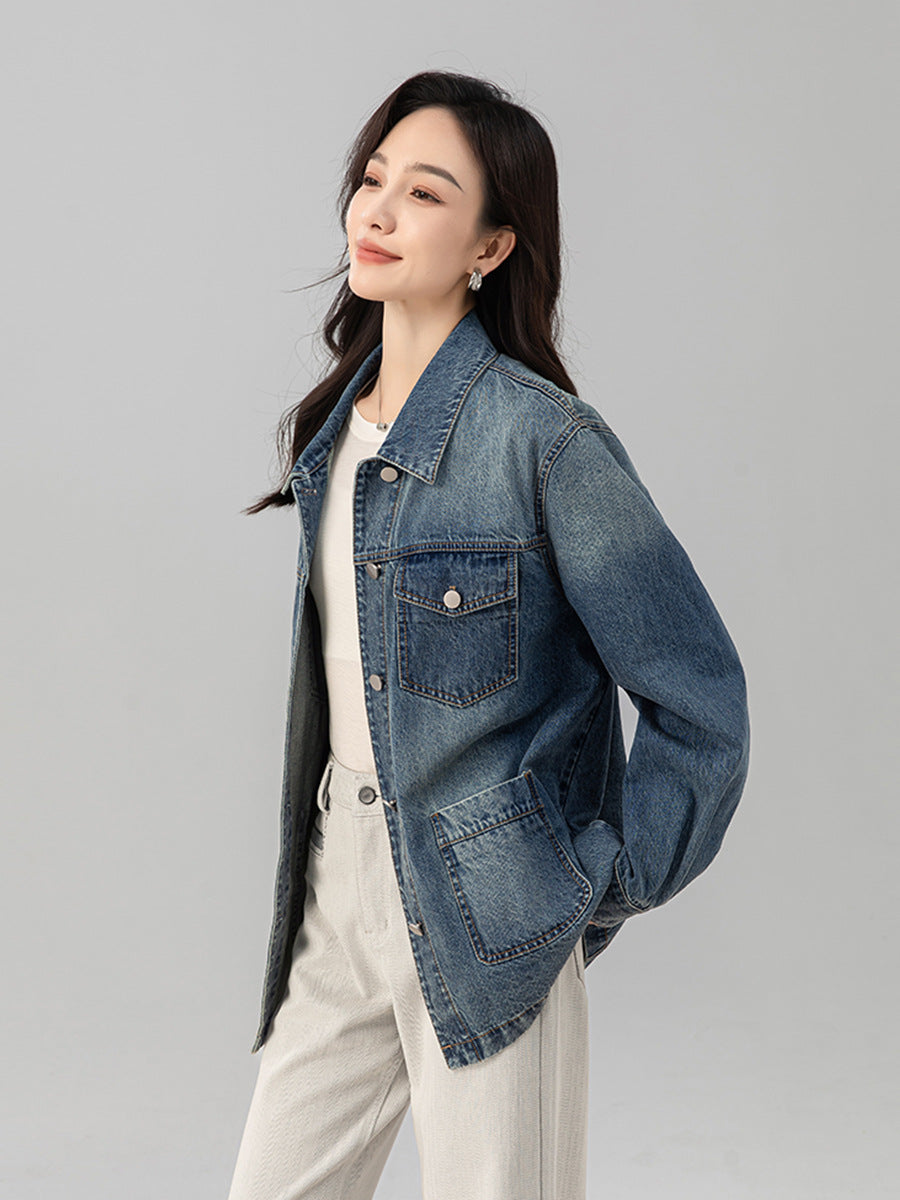 Women's Mid Length Denim Jacket with Utility Pocket Design
