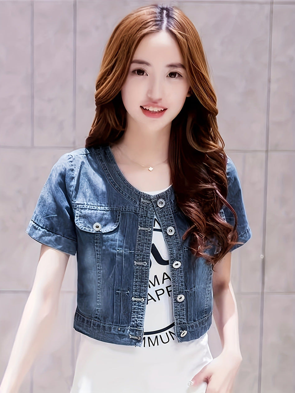 Women's Cropped Denim Jacket with Classic Polo Collar