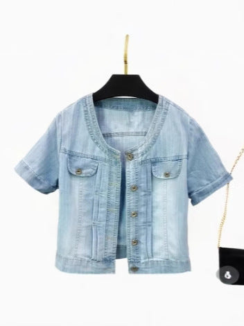 Women's Cropped Denim Jacket with Classic Polo Collar