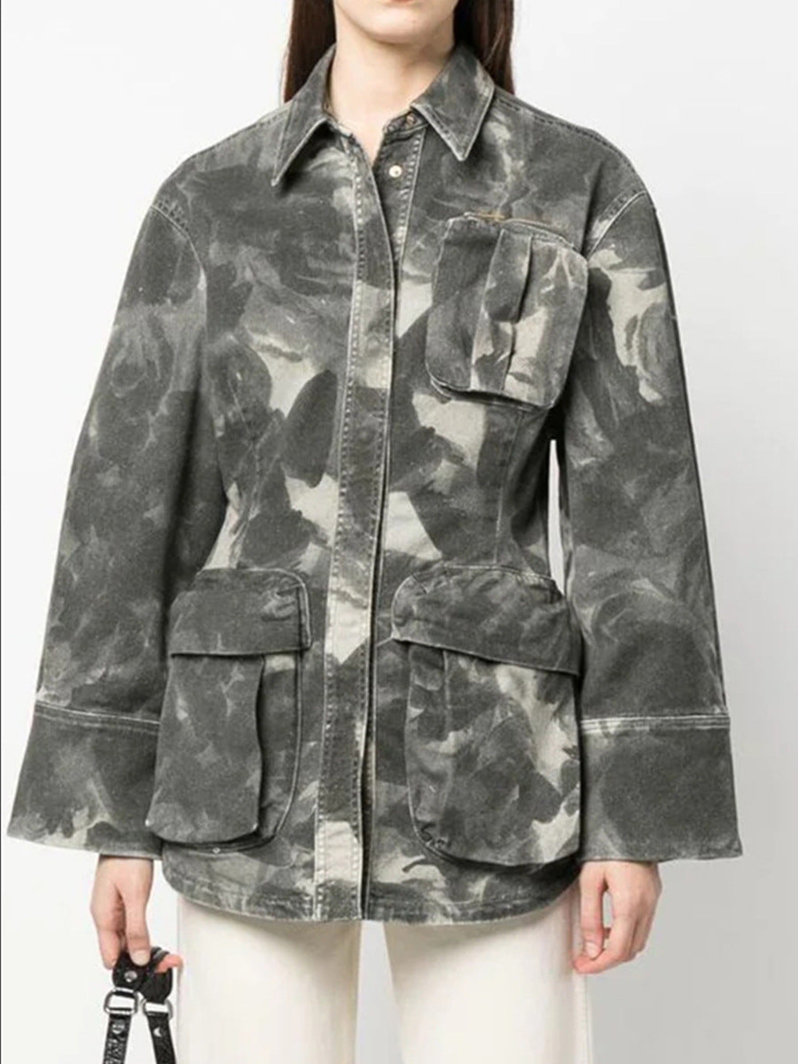 Women's Camouflage Denim Jacket with Waist Cinching Design