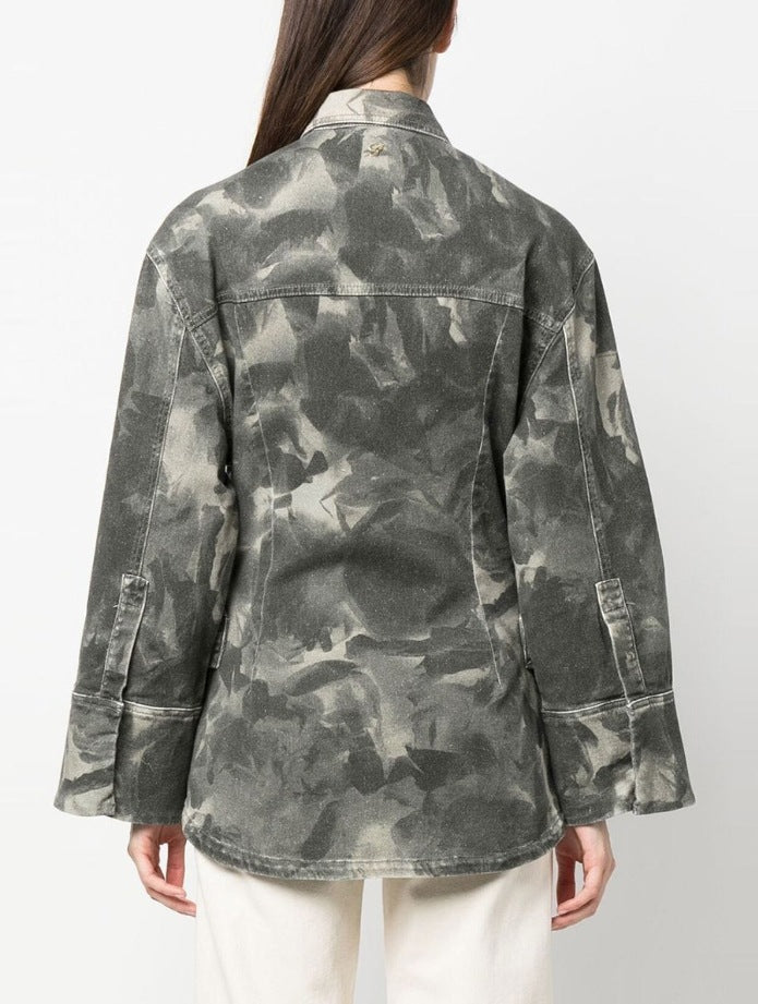 Women's Camouflage Denim Jacket with Waist Cinching Design