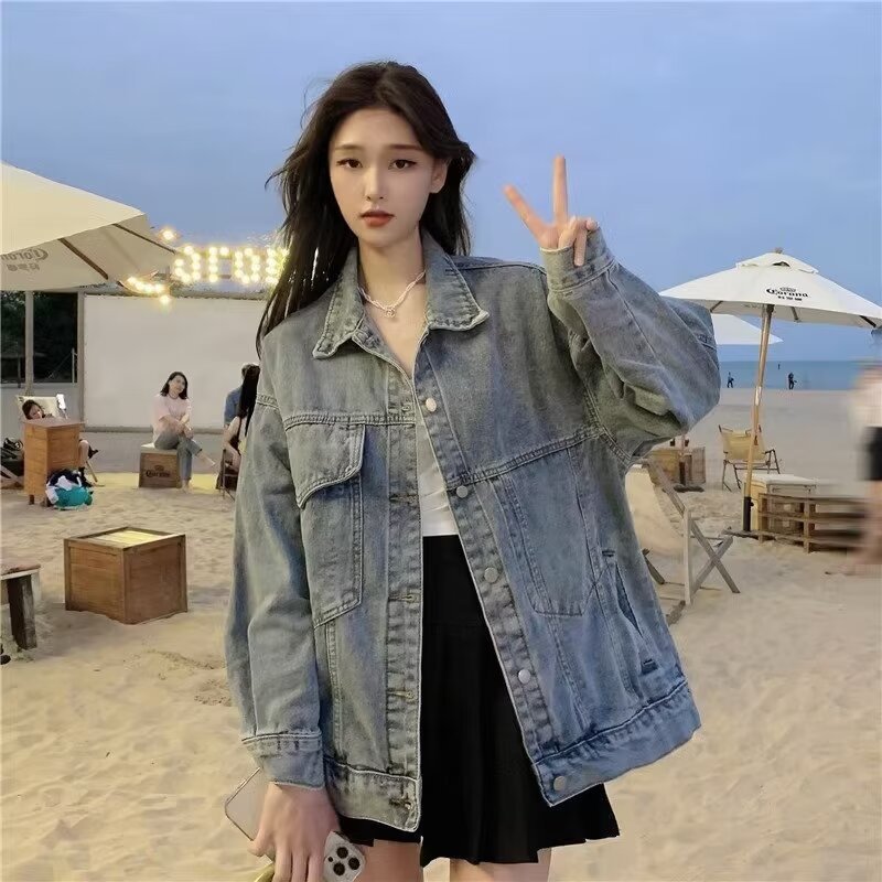 Women's Relaxed Fit Denim Jacket with Classic Polo Collar