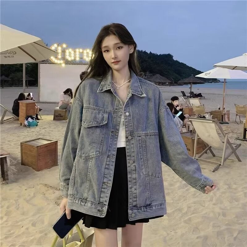 Women's Relaxed Fit Denim Jacket with Classic Polo Collar