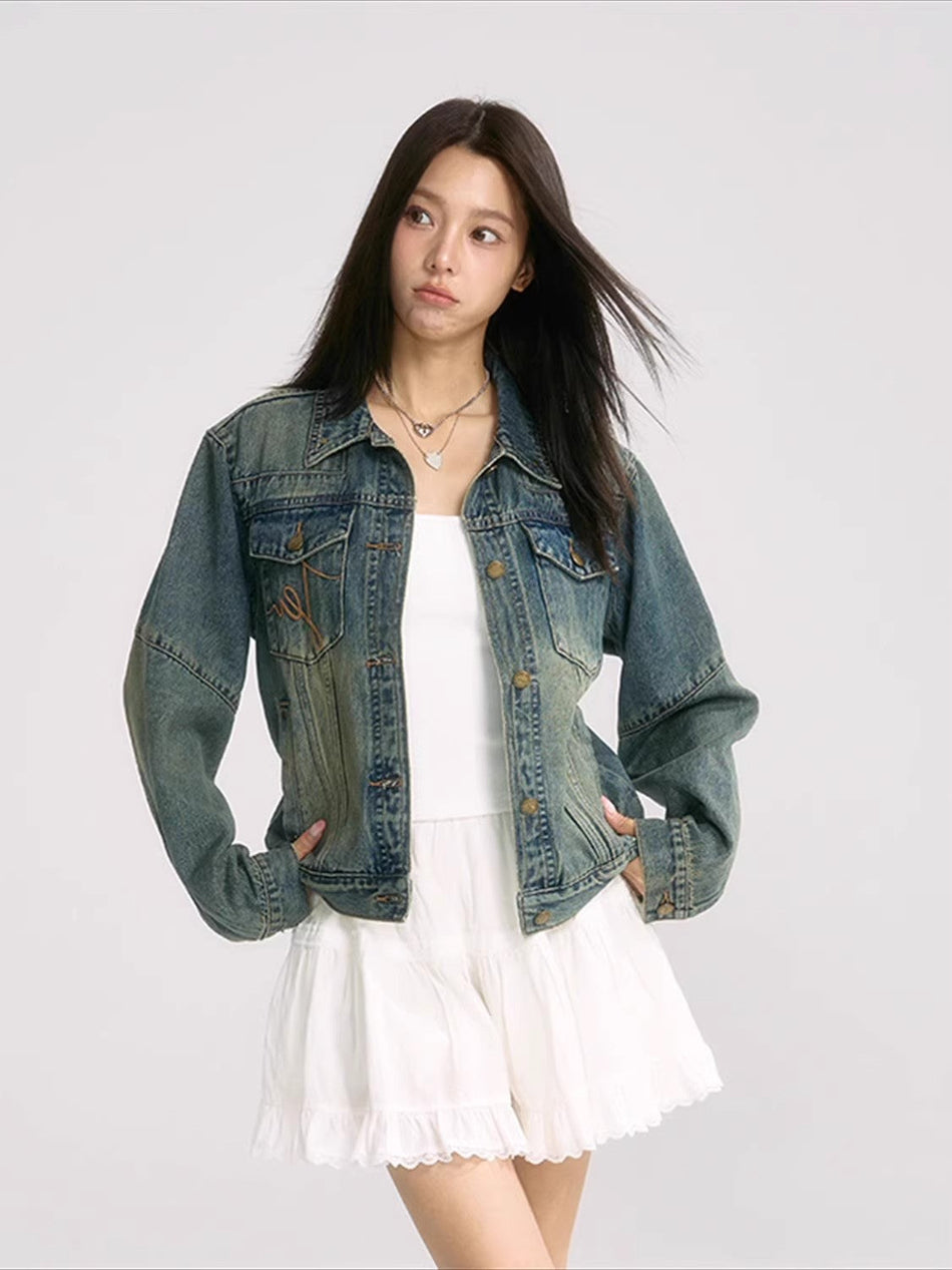 Women's Vintage Washed Denim Jacket with Relaxed Workwear Fit