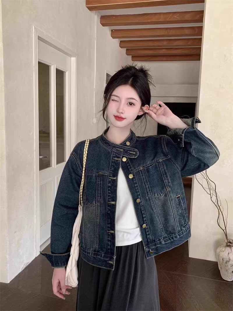 Women's Retro Stand Collar Denim Jacket with Relaxed Fit