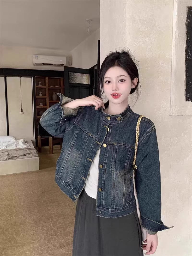 Women's Retro Stand Collar Denim Jacket with Relaxed Fit