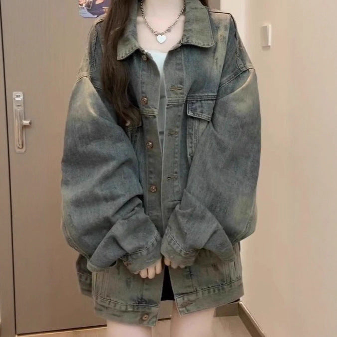 Women's Vintage Washed Denim Jacket with Relaxed Fit